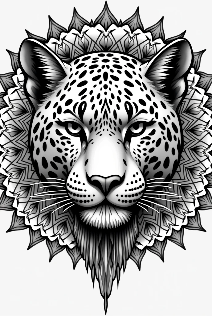 Medium detailed black and white coloring vector of a jaguar head in mandala style