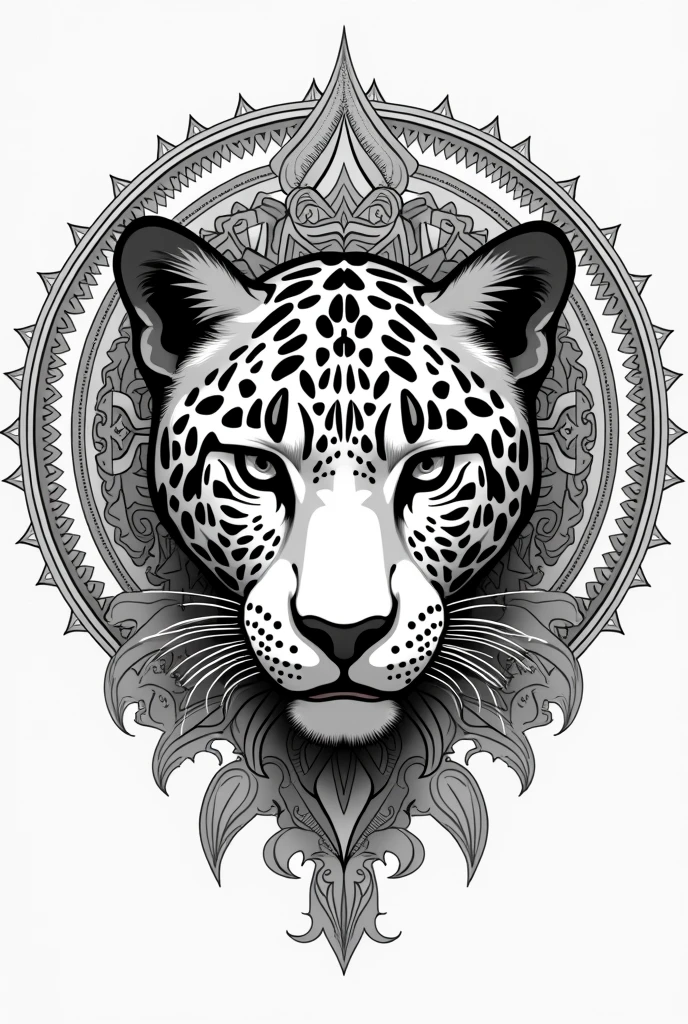 Medium detailed black and white coloring vector of a jaguar head in mandala style
