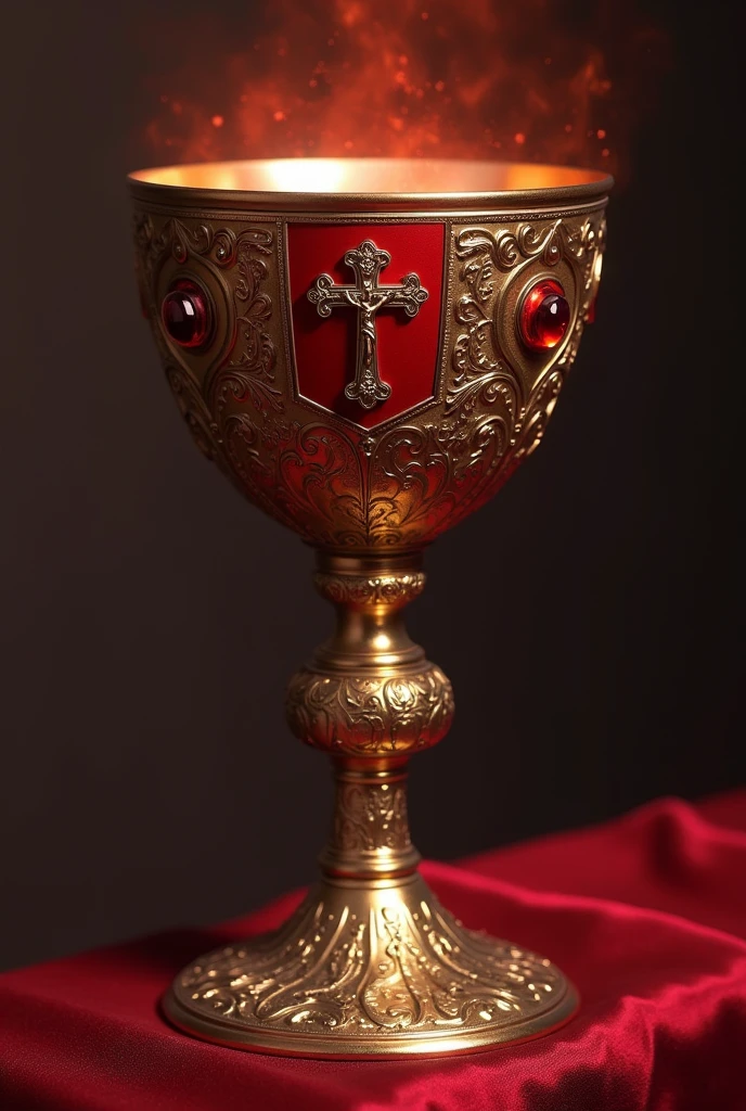 Chalice of the new covenant, cross and with the color red in evidence and written bought by blood in Portuguese 