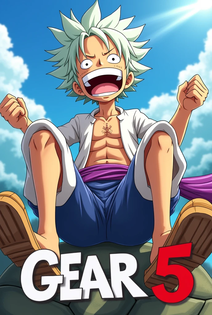 Create an anime-style scene featuring luffy gear 5 in a dynamic pose with white, wild hair, wearing a white outfit with a purple sash. The character should have a joyful and exaggerated expression, with their mouth wide open in laughter, legs lifted up spread wide straight, wearing wooden sandals, while sitting in a laid-back position with their legs spread out. Face palm laughing. Include a bright sky with some clouds in the background and large text at the bottom reading "GEAR 5."