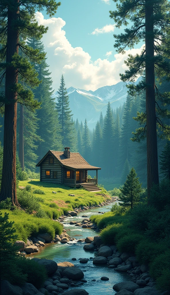 A forest with a cabin in the background