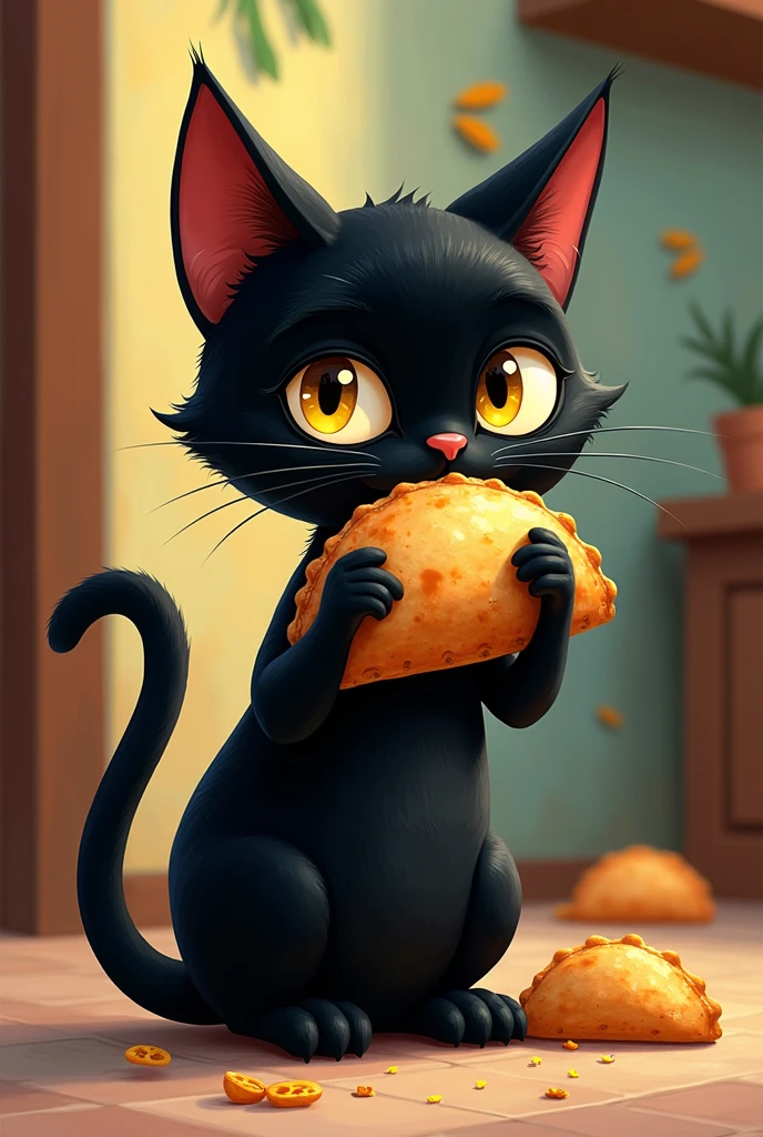 Advertising image of a black cat eating empanadas illustration