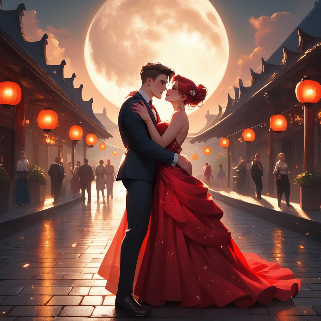 The scene depicts a couple dancing flamenco under a bright full moon, their movements full of emotion and power. The woman’s dress is a vibrant red, flowing with her every step, while the man’s posture is strong and confident. The background is a narrow cobblestone street, with old buildings and lanterns casting a warm, golden light. The colors should be deep and rich, with a focus on reds, golds, and blacks, to emphasize the drama and passion of the moment