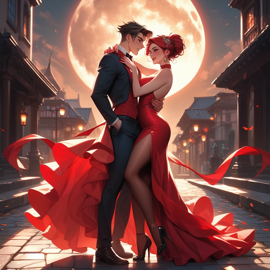 The scene depicts a couple dancing flamenco under a bright full moon, their movements full of emotion and power. The woman’s dress is a vibrant red, flowing with her every step, while the man’s posture is strong and confident. The background is a narrow cobblestone street, with old buildings and lanterns casting a warm, golden light. The colors should be deep and rich, with a focus on reds, golds, and blacks, to emphasize the drama and passion of the moment