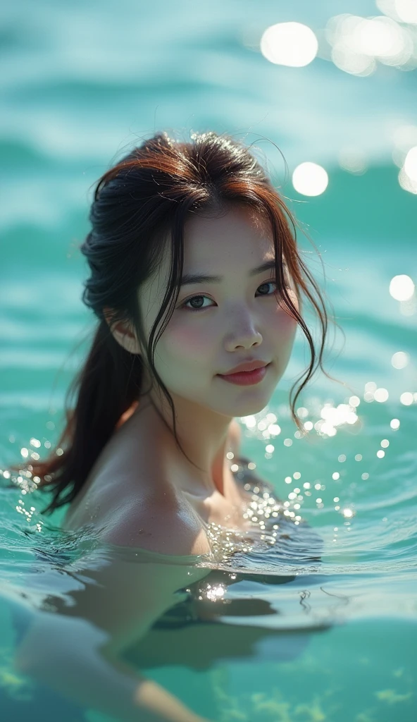 High resolution of a brown-haired Japanese woman swimming in the ocean with a shy smile inviting you to swim with her, masterpiece, Anatomically correct, Highest quality, High detail, Textured skin, Ultra-detailed, Cinematography, shiny sun light 