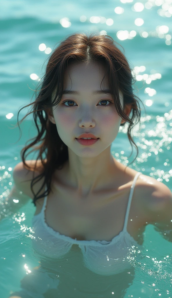 High resolution of a brown-haired Japanese woman swimming in the ocean with a shy smile inviting you to swim with her, masterpiece, Anatomically correct, Highest quality, High detail, Textured skin, Ultra-detailed, Cinematography, shiny sun light