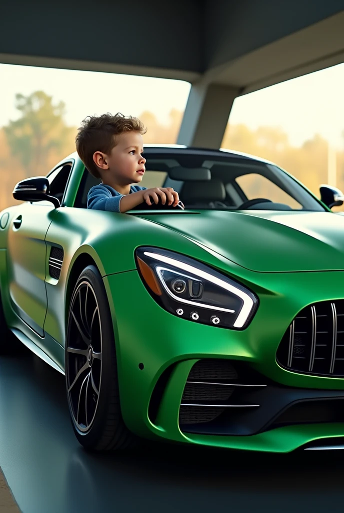 Child driving from the left driver's seat Mercedes GT Coupe 2024 green realistic as in reality full picture of the car