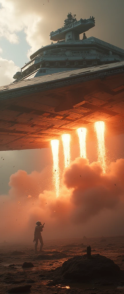 a massive star wars ship above planet bombarding the planet surface below, cinematic dramatic lighting, hyperrealistic, 8k, photorealistic, highly detailed, volumetric lighting, cinematic camera angle, glowing plasma, sparks, shattered metal, ultra detailed hull textures, realistic physics simulation, stunning visual effects, dramatic sci-fi atmosphere