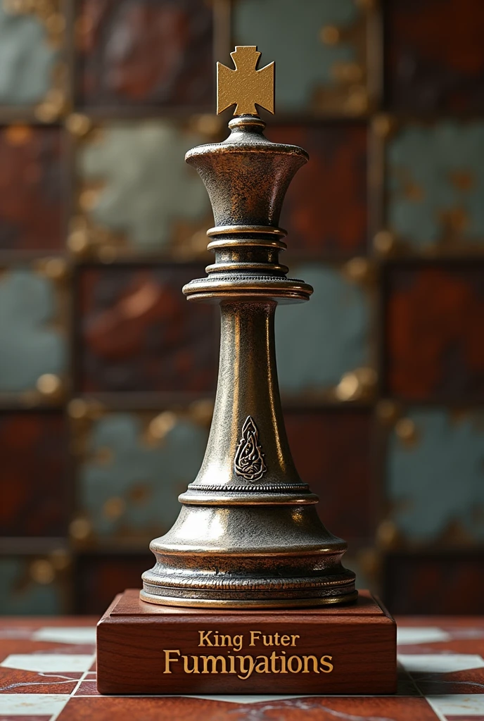 A chess championship trophy that says KING FUTER fumigations