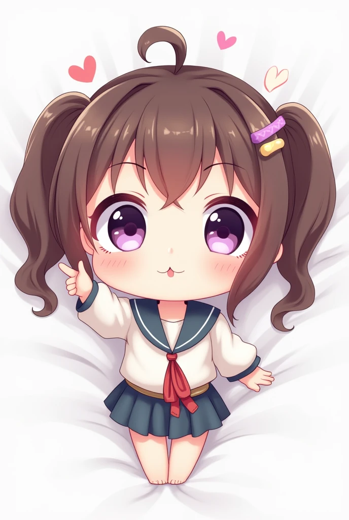 (1girl), masterpiece, best quality, super fine illustration, an extremely cute , highly detailed beautiful face, looking at viewer, 1girl, belt, closeup, looking at viewer, 4k, high res, ribbon, firis mistuld, blush, pov, twintail hair, white background, simple background, thick outline, purple eyes, (sleep), brown hair, chibi, love expression, ((brown hair)), (blood),