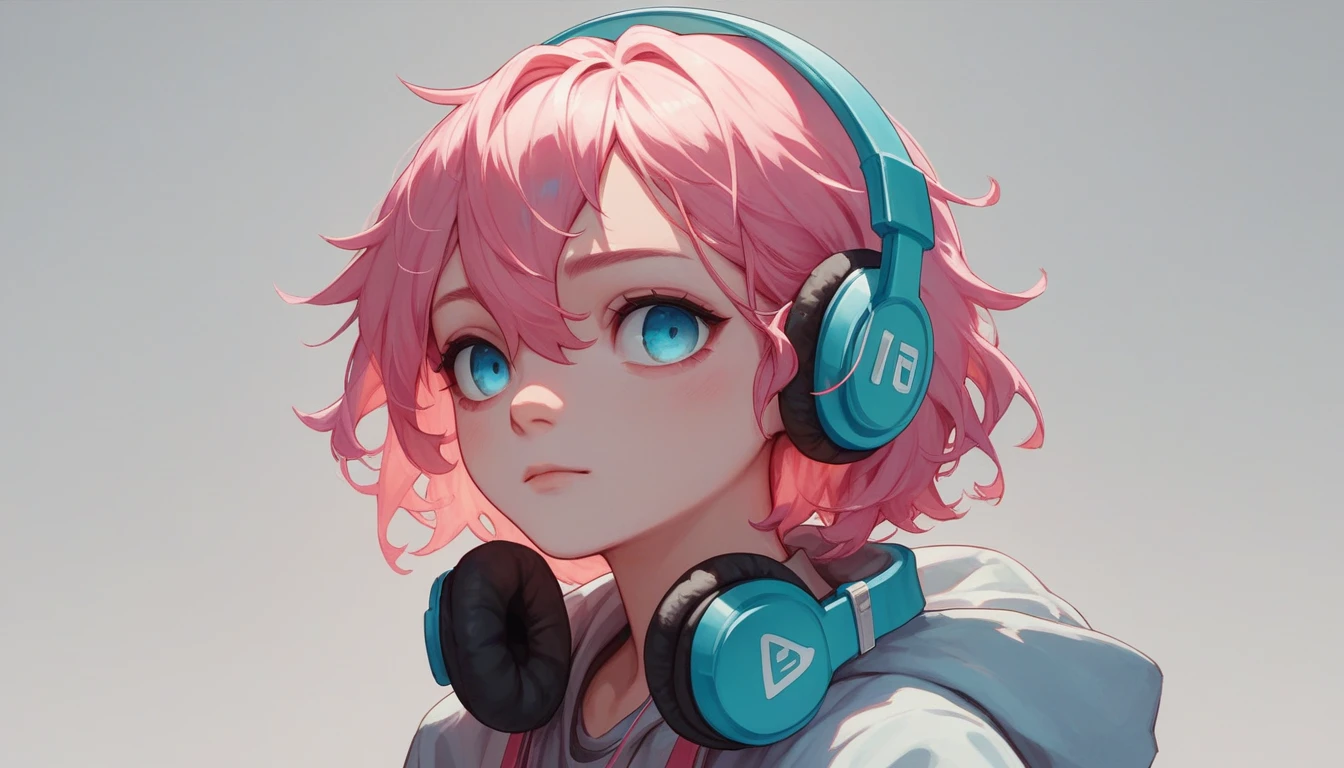 image in pink and light blue, art of a very detailed girl with slanted eyes, pink hair and headphones around her neck, アニメ