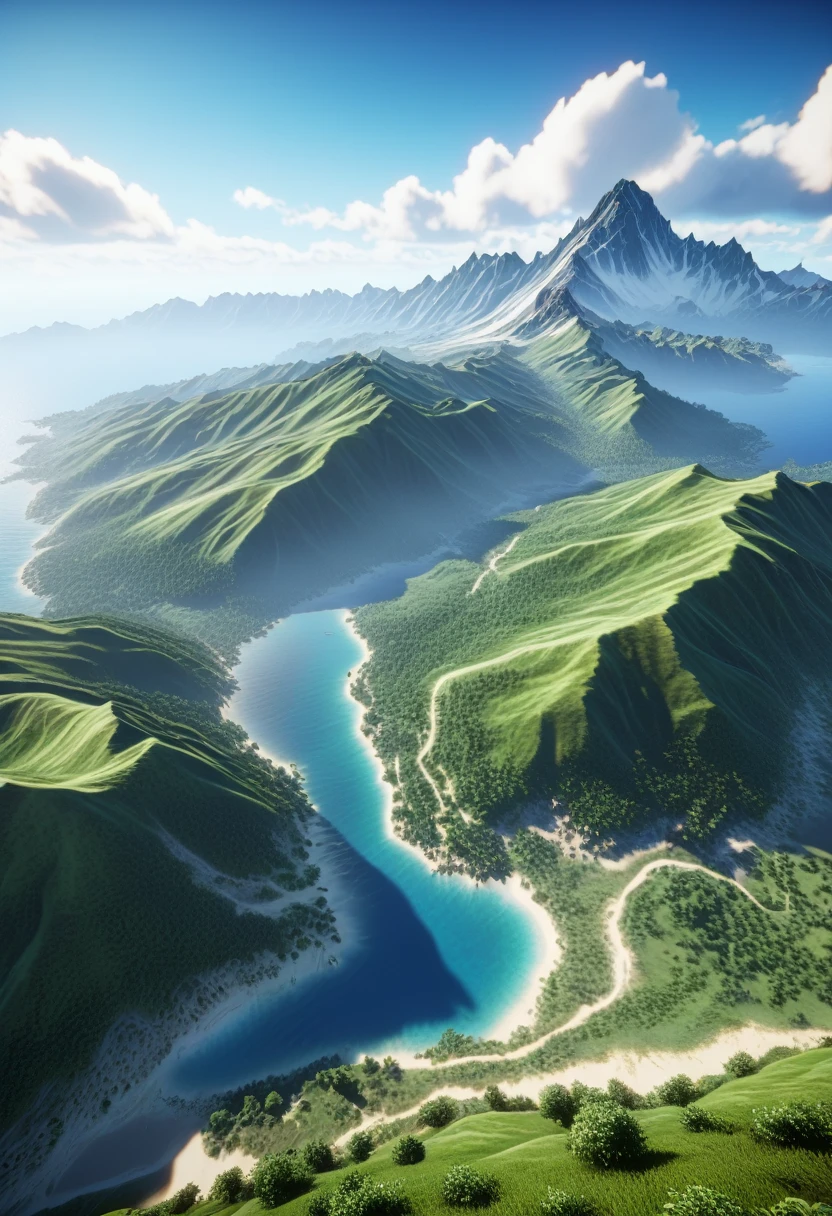 There is a mountain range covered with greenery，There is a highest mountain by the sea（best quality，4K，8k，High level，masterpiece：1.2），Ultra Detailed，（lifelike，Photo real，Photo real：1.37），Complex patterns，Realistic lighting，虚幻引擎4K壁纸，Summer Unreal Engine 5, Beautiful landscape rendering, Mountains and Oceans, Rendered in 8k Unreal Engine,，The most beautiful scenery，Epic shock