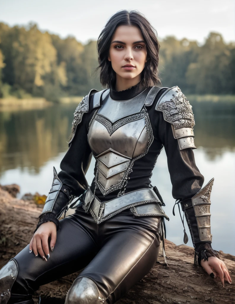 (medium shot, zoomed in upper body:1.3) photo of a, (perfect teeth:1.3) horny strong 5 european woman with short straight angled black hair with grey parts, brown eyes, (tiny breasts:1.3), toned ass, (perfect hands:1.3). She is wearing (leather armor, pants and boots:1.1). She is sitting facing diagonal to camera, in a (gothic fantasy:1.3) lake with flowers and small mushrooms, evening, bright. detailed skin texture, detailed cloth texture, detailed face, (intricate sharp details:1.5), ultra high res