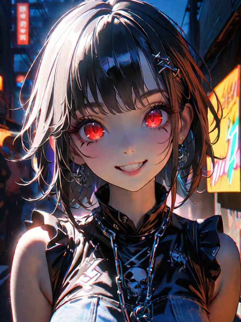 1 person, chromatic aberration, Written boundary depth, Soft Light, masterpiece, Highest quality, complicated, Tone Mapping, A place where fireworks are set off at festivals. Concept Art, Smooth, Clear focus, Dramatic lighting, Very cinematic, super practical painting, アートステーション's trending, 8k, Incredible Shadows, practical, whole body, View, Viewers, Portrait of a Girl 1, standing on street corner, Heavy rain and lightning、Dark Sky, neon and cyber punk background, she is dressed in punk clothing with silver chains and silver spikes, Her hair was dyed a bright black color..........Ominous aura of light, smile, punk, ciber punk, Backlight.Fashionable clothes、Friendly dress code:Stylish light blue sleeveless denim style.My breasts are a little big.Beautiful red eyes