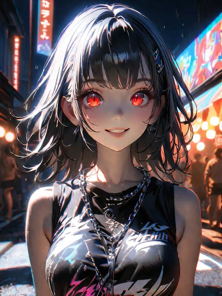 1 person, chromatic aberration, Written boundary depth, Soft Light, masterpiece, Highest quality, complicated, Tone Mapping, A place where fireworks are set off at festivals. Concept Art, Smooth, Clear focus, Dramatic lighting, Very cinematic, super practical painting, アートステーション's trending, 8k, Incredible Shadows, practical, whole body, View, Viewers, Portrait of a Girl 1, standing on street corner, Heavy rain and lightning、Dark Sky, neon and cyber punk background, she is dressed in punk clothing with silver chains and silver spikes, Her hair was dyed a bright black color..........Ominous aura of light, smile, punk, ciber punk, Backlight.Fashionable clothes、Friendly dress code:Stylish light blue sleeveless denim style.My breasts are a little big.Beautiful red eyes