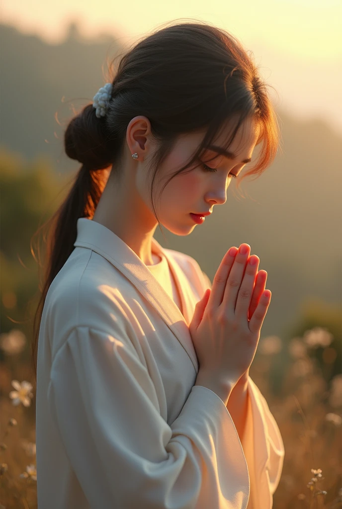 ((Best Quality)), ((masterpiece)), (detailed) A young woman praying at dawn ((realistic photography, 8k)) 