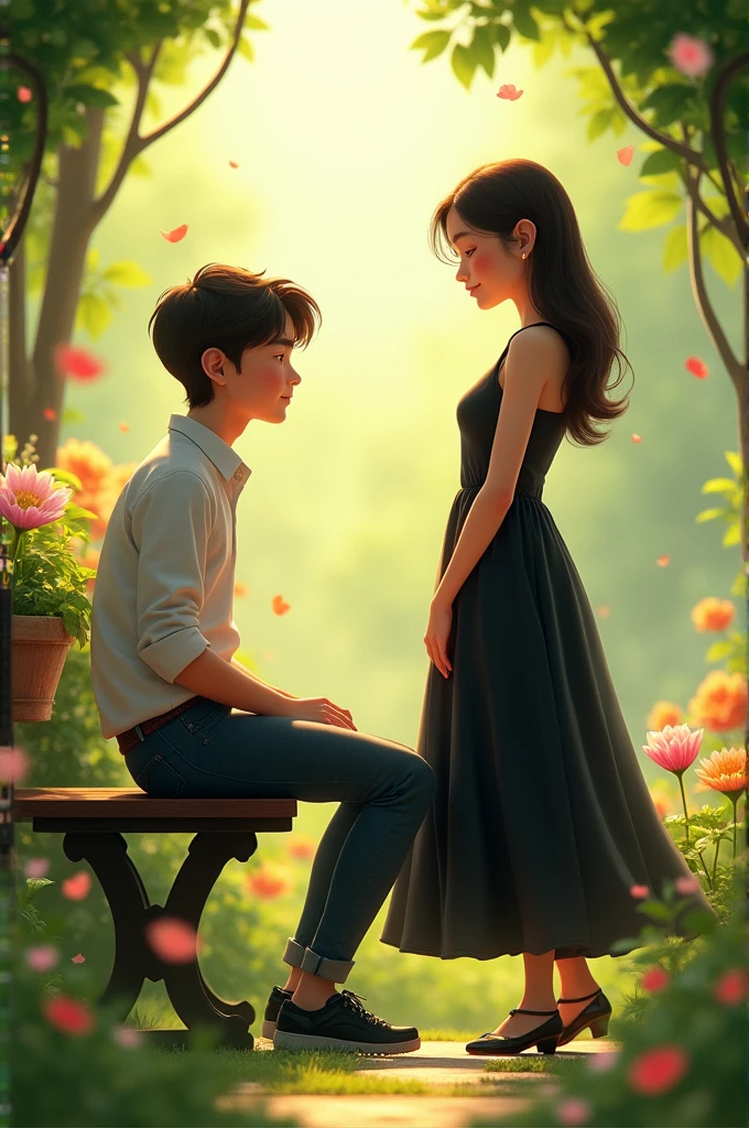 Create a 3d image of a cute couple sitting in a garden the boy is sit and girl is stande near the boy and whear the black dress with a static background