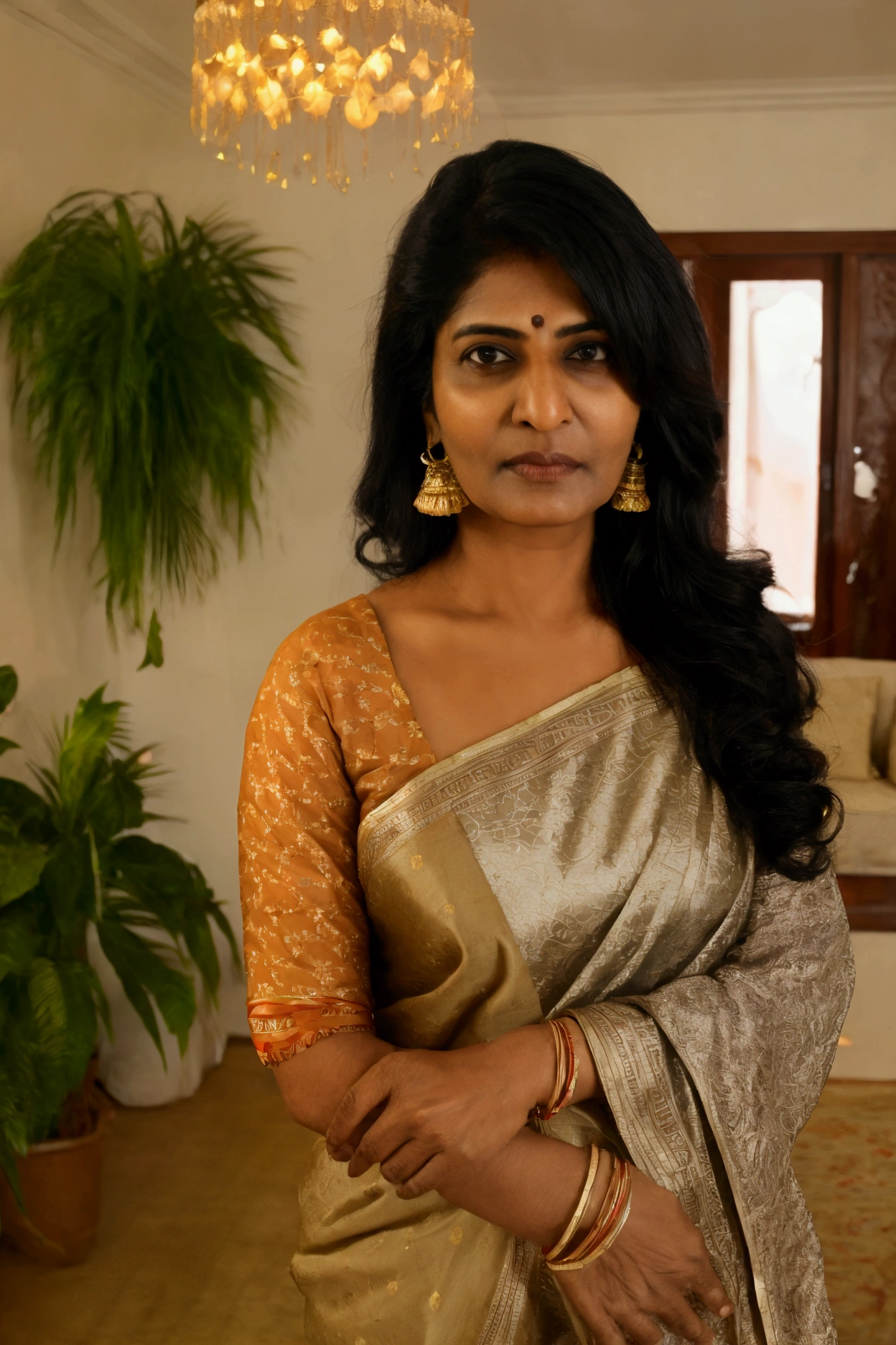 a middle aged indian woman standing in a decorated drawing room, bright indoor lighting