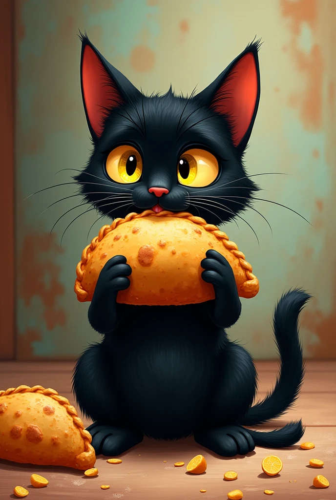 Advertising image of a black cat eating empanadas illustration 