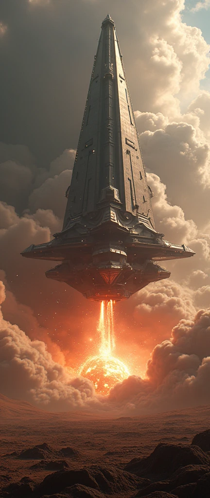 a massive star wars ship above in space planet bombarding the planet surface below, cinematic dramatic lighting, hyperrealistic, 8k, photorealistic, highly detailed, volumetric lighting, cinematic camera angle, glowing plasma, sparks, shattered metal, ultra detailed hull textures, realistic physics simulation, stunning visual effects, dramatic sci-fi atmosphere
