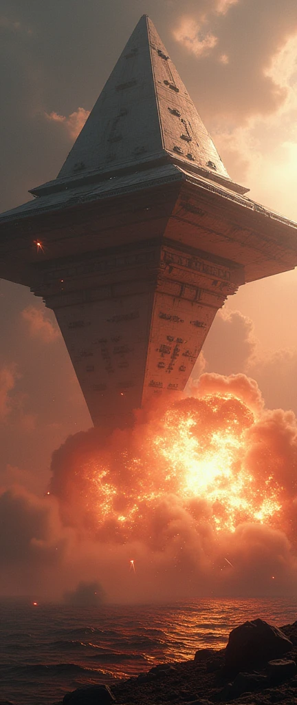 a massive star wars ship above in space planet bombarding the planet surface below, cinematic dramatic lighting, hyperrealistic, 8k, photorealistic, highly detailed, volumetric lighting, cinematic camera angle, glowing plasma, sparks, shattered metal, ultra detailed hull textures, realistic physics simulation, stunning visual effects, dramatic sci-fi atmosphere