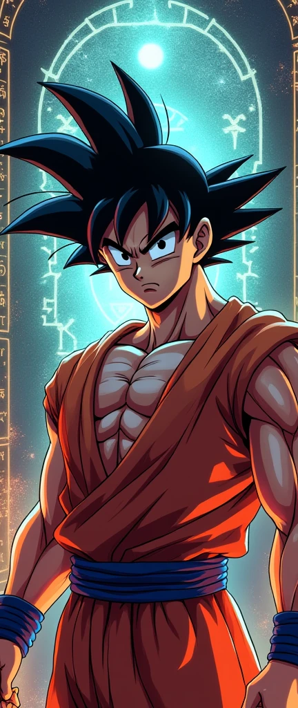 photorealistic, hyper realistic, intricate details, high resolution, high quality, cinematic, depth of field,Manga neon Hyperdetailed wallpaper manga neon Goku Ancient style ancient runes goku Hyperdetailed wallpaper hyperealism photorealistic 7k
