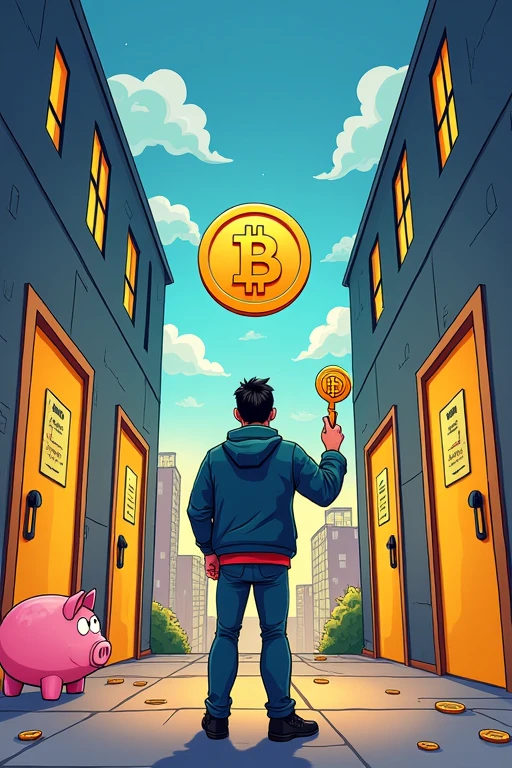 Cartoon-style drawing of CZ standing before multiple doors. Each door is labeled with his future interests: 'DeFi', 'Web3', 'AI', 'Biotech', 'Education'. CZ holds a key made of a Bitcoin symbol. Behind him, a calendar showing his release date and a piggy bank with '$50 million' written on it. The background transitions from prison bars to a futuristic cityscape. Use bold, optimistic colors