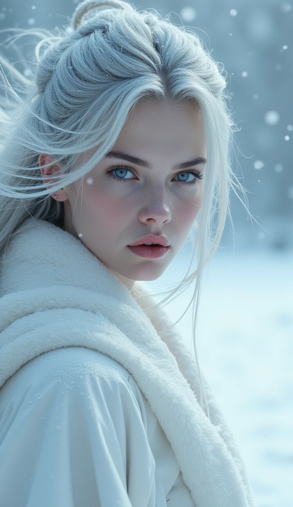 Snow Woman、pure white kimono、White skin、Gray Hair、In a snowstorm、One person, solo, Long Hair, High resolution, chest, Gaze, smile, Hair that hides one eye, blue eyes, Angry, Frowning, Take a closer look, High resolution, masterpiece, Anatomically correct, Highest quality,