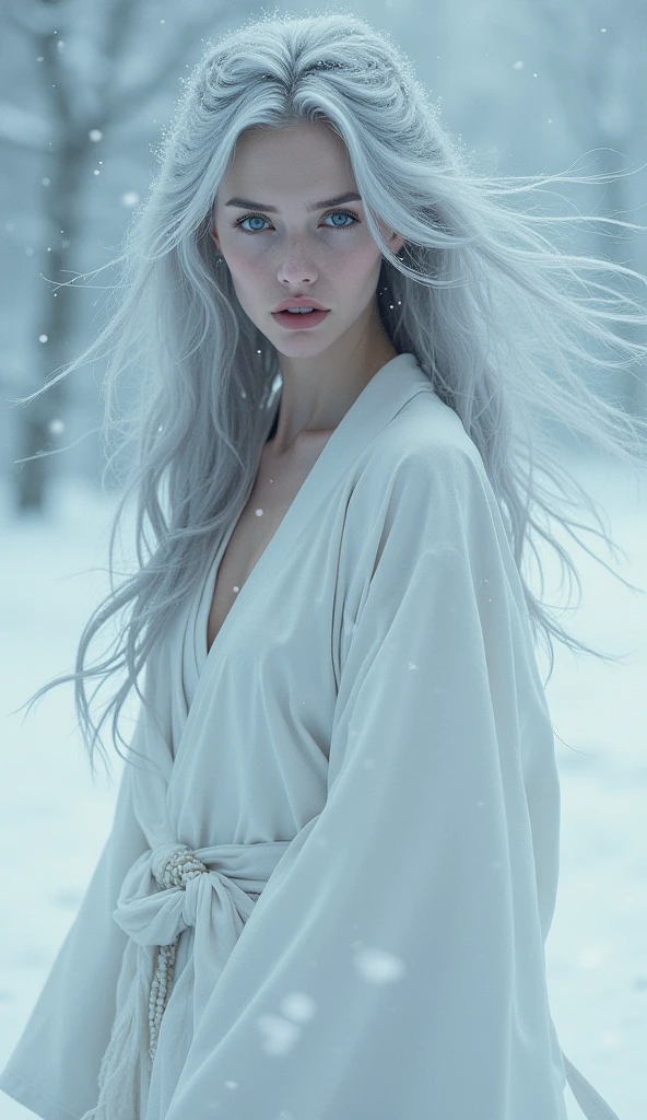 Snow Woman、pure white kimono、White skin、Gray Hair、In a snowstorm、One person, solo, Long Hair, High resolution, chest, Gaze, smile, Hair that hides one eye, blue eyes, Angry, Frowning, Take a closer look, High resolution, masterpiece, Anatomically correct, Highest quality,