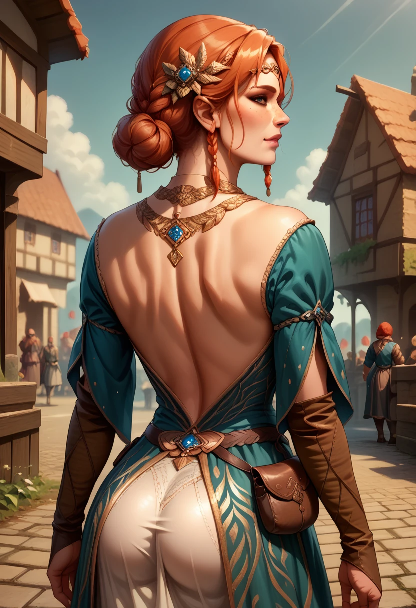 score_9, score_8_up, score_7_up, BREAK, score_9, TrssMeri, short hair, hair bun, elbow gloves, braid, dress, tiara, jewelry, freckles, pouch, looking at viewer, cowboy shot, ass, from behind, medieval, village