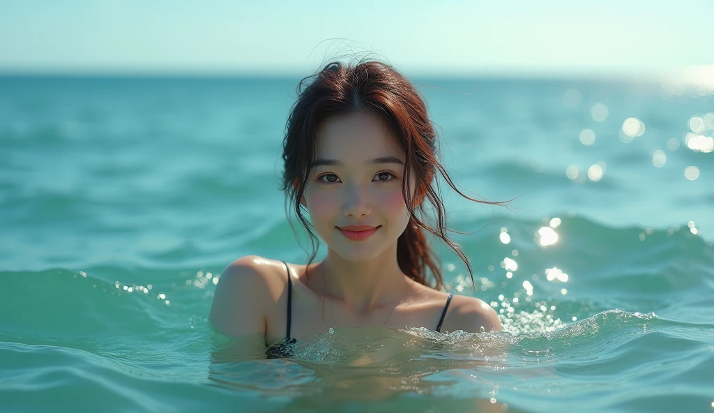 High resolution of a brown-haired Japanese woman swimming in the ocean with a shy smile inviting you to swim with her, masterpiece, Anatomically correct, Highest quality, High detail, Textured skin, Ultra-detailed, Cinematography, shiny sun light 