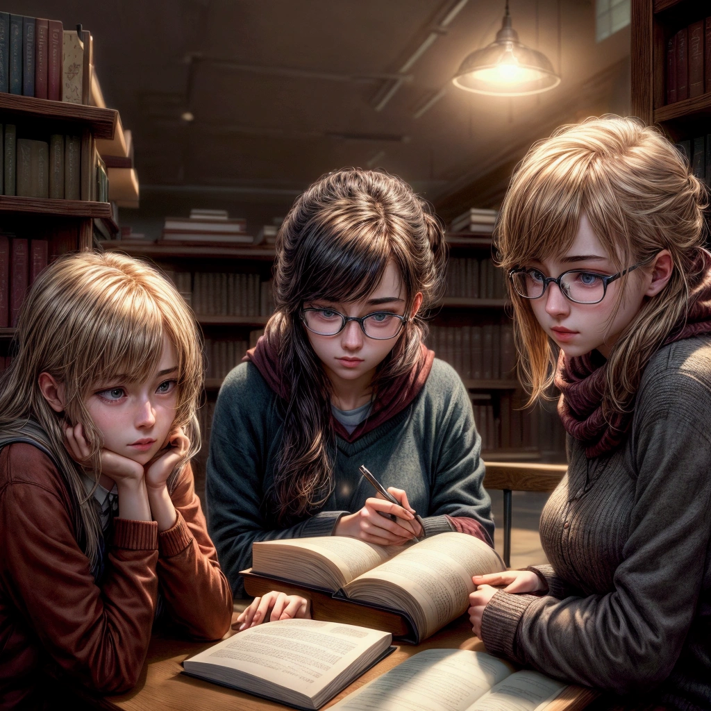 a group of introverted college students, table in library surrounded by books, serious expressions, studying together, quiet atmosphere, warm lighting, muted colors, realistic, photorealistic, high detail, masterpiece, cinematic, dramatic lighting