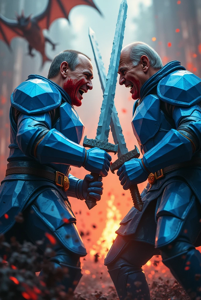 (photorealism:1.2), Putin and Biden is in medieval Europe, fighting in blue diamond armor from minecraft, using diamond swords, portal in hell on the back, dragons in the air, both have angry faces, covered in blood