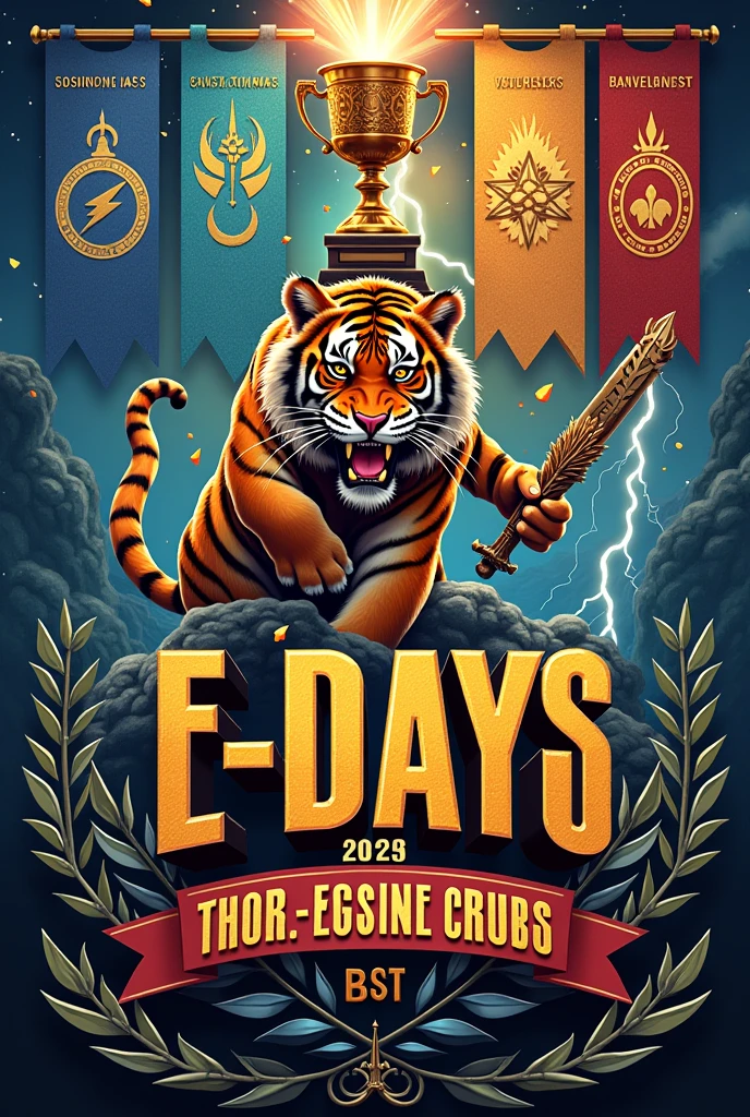 Pubmat for Engineering Days 2024
- Theme of the Poster: Percy Jackson and the Olympians
- Title Text in the Center: E-Days 2024-2025 (font type should be the same as percy jackson poster)
- use tiger and trophy as elements
- showcase the six departments and their logos through banners that are giving olympian vibes:
1. Chemical Engineering
2. civil engineering
3. Computer engineering
4. Electrical engineering
5. Electronics engineering
6. Mechanical Engineering
MUST GIVE OFF PERCY JACKSON AND THE OLYMPIANS VIBES and give off power vibes