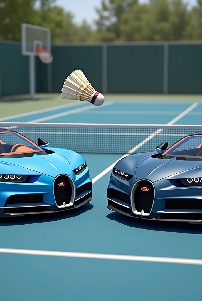 Two bugattis are playong with bunnet with shuttel opposite to net