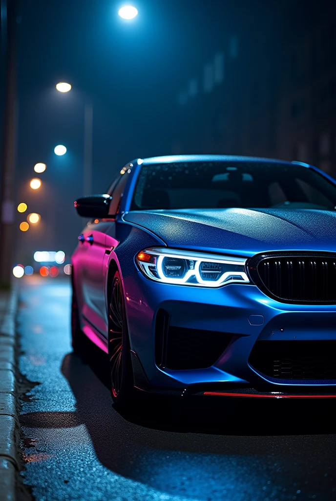 BMW M5 competition with blue,black Nd purple colour in dark night with dim lighting