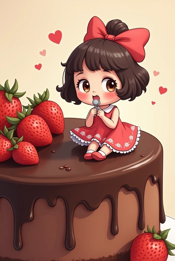 Drawing of a little Lulu character sitting on the edge of a chocolate cake with strawberries and eating a chocolate jar cake with a spoon 
