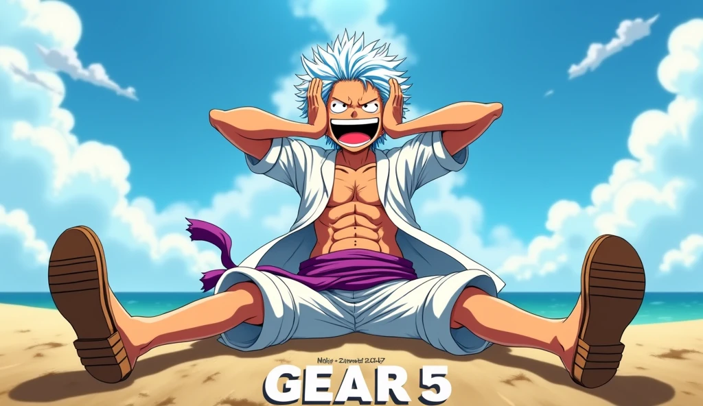 Create an anime-style scene featuring luffy gear 5 in a dynamic pose with white, wild hair, wearing a white outfit with a purple sash. The character should have a joyful and exaggerated expression, with their mouth wide open in laughter, legs lifted up spread wide straight, wearing wooden sandals, while sitting in a laid-back position with their legs spread out. Face palming, laughing. Include a bright sky with some clouds in the background and large text at the bottom reading "GEAR 5."