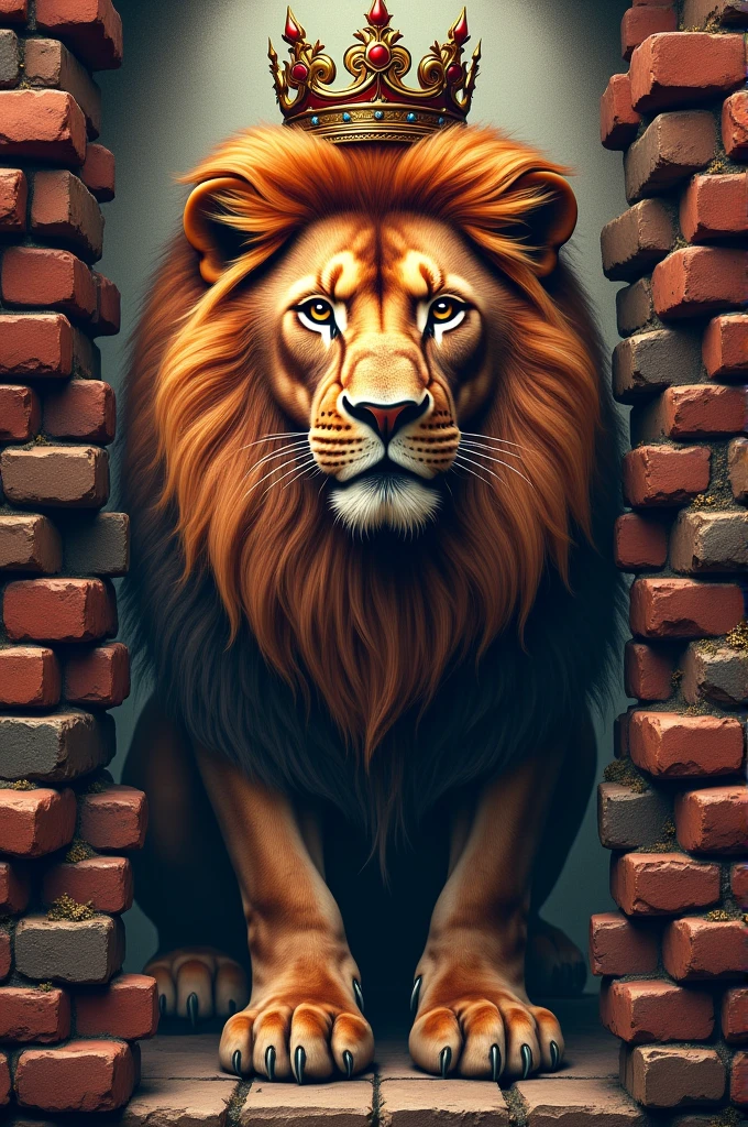 Tattoo of a lion with a crown surrounded by bricks and incredible colors in hyperrealistic 8k quality