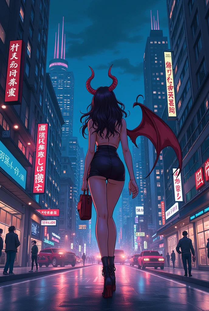 28 years old,Succubus,Well-proportioned body type,A beautiful woman,Goat horns on the sides of the head,bat wings on the back,,A gentle smile,Red light district,Prostitute