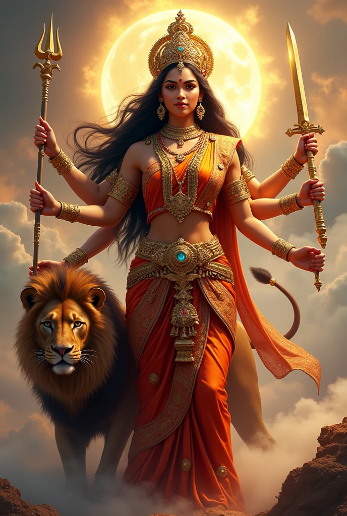"Create an ultra-realistic image of Goddess Durga, capturing her extraordinary beauty and divine power. She should be depicted with radiant, flawless skin, glowing with an ethereal light. Her face should be exquisitely beautiful, with sharp, graceful features—large, almond-shaped eyes that shine with wisdom and strength, a perfectly shaped nose, and full, serene lips. Her long, flowing hair should be jet-black and glossy, adorned with a golden crown intricately designed with jewels and symbols of power.
Durga should be depicted with multiple arms, each holding traditional weapons and symbols of protection, such as a trident, sword, conch, and lotus. Her posture should exude confidence, grace, and divine authority. She should be dressed in a resplendent saree, rich in color—deep reds, golds, and oranges—with intricate embroidery and patterns that shimmer with divine light. Her jewelry should be elaborate, with necklaces, bangles, and earrings that reflect her divine status.
The background should be a dramatic, celestial landscape with swirling clouds, golden light, and a sense of immense power emanating from her presence. Her mount, the lion, should be depicted at her side, fierce and majestic, symbolizing her strength and courage. The overall atmosphere should be awe-inspiring and reverent, capturing the divine beauty, strength, and grace of Goddess Durga in an intensely realistic and detailed manner."