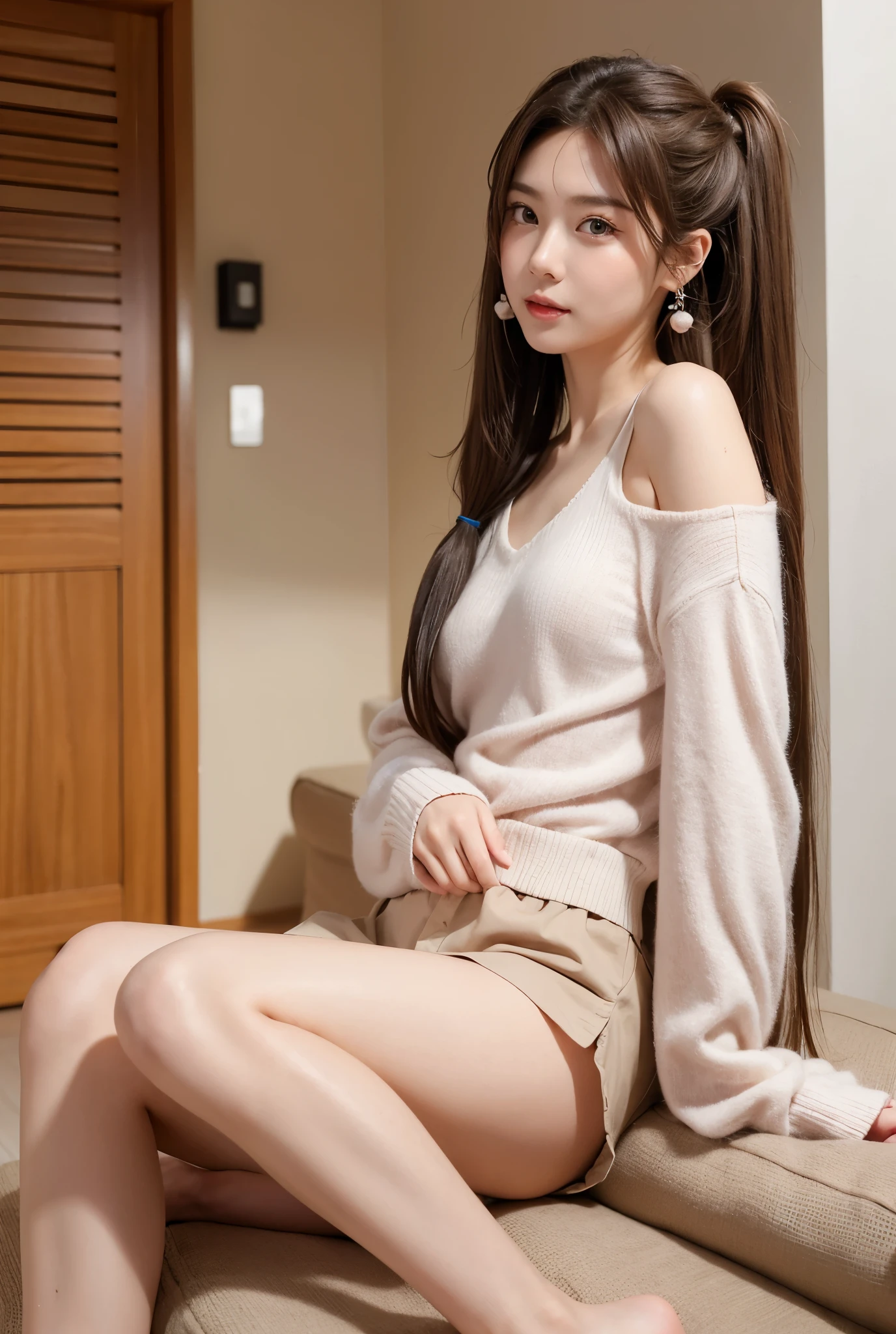 One person, High resolution, Long Hair, Gaze, Open your mouth, Blushing, chest, Brown Hair, Twin tails, Earrings, 大きなchest, Open your mouth, Feet out of frame, Food, Concentrated line, Reality,