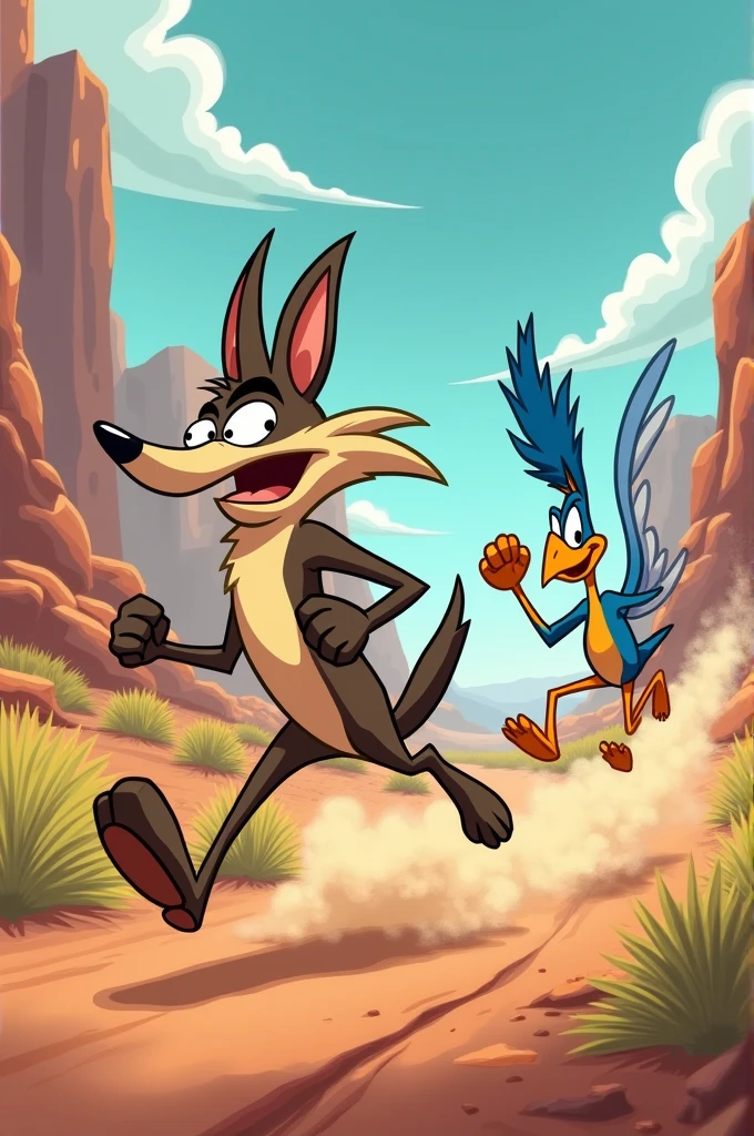 Make me a coyote chasing a roadrunner