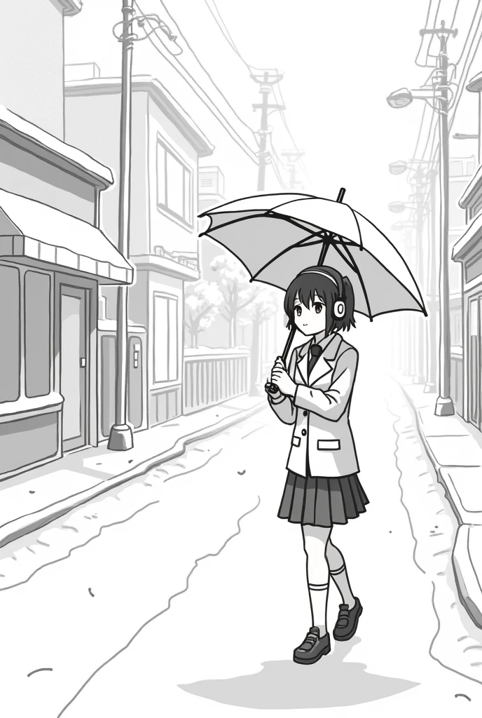 A girl wearing a Japanese school uniform, wearing headphones, and holding an umbrella is walking on the street in the middle of falling snow. The street and umbrella are covered with snow. It is a black and white cartoon line drawing. 