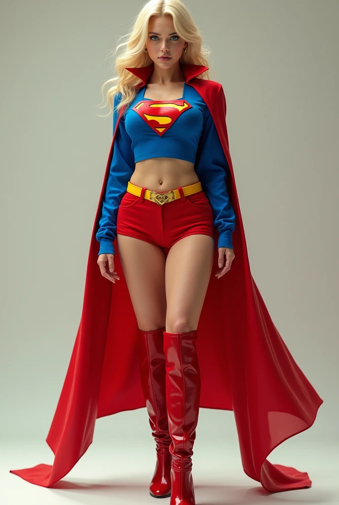A SEXY BUSTY BLONDE FEMALE WITH BLUE EYES WEARING A 1970 SPLIT OPEN V BUTTONLESS FULL LENGTH BLUE V BLOUSE WITH A "S" EMBLEM ON THE RIGHT SIDE OF HER CHEST, A PAIR OF RED SHORTS WITH A YELLOW BELT, TALL RED HEELED BOOTS, AND A LONG FLOWING RED CAPE. PHOTO REALISTIC, HYPER DETAILED AND TEXTURED.