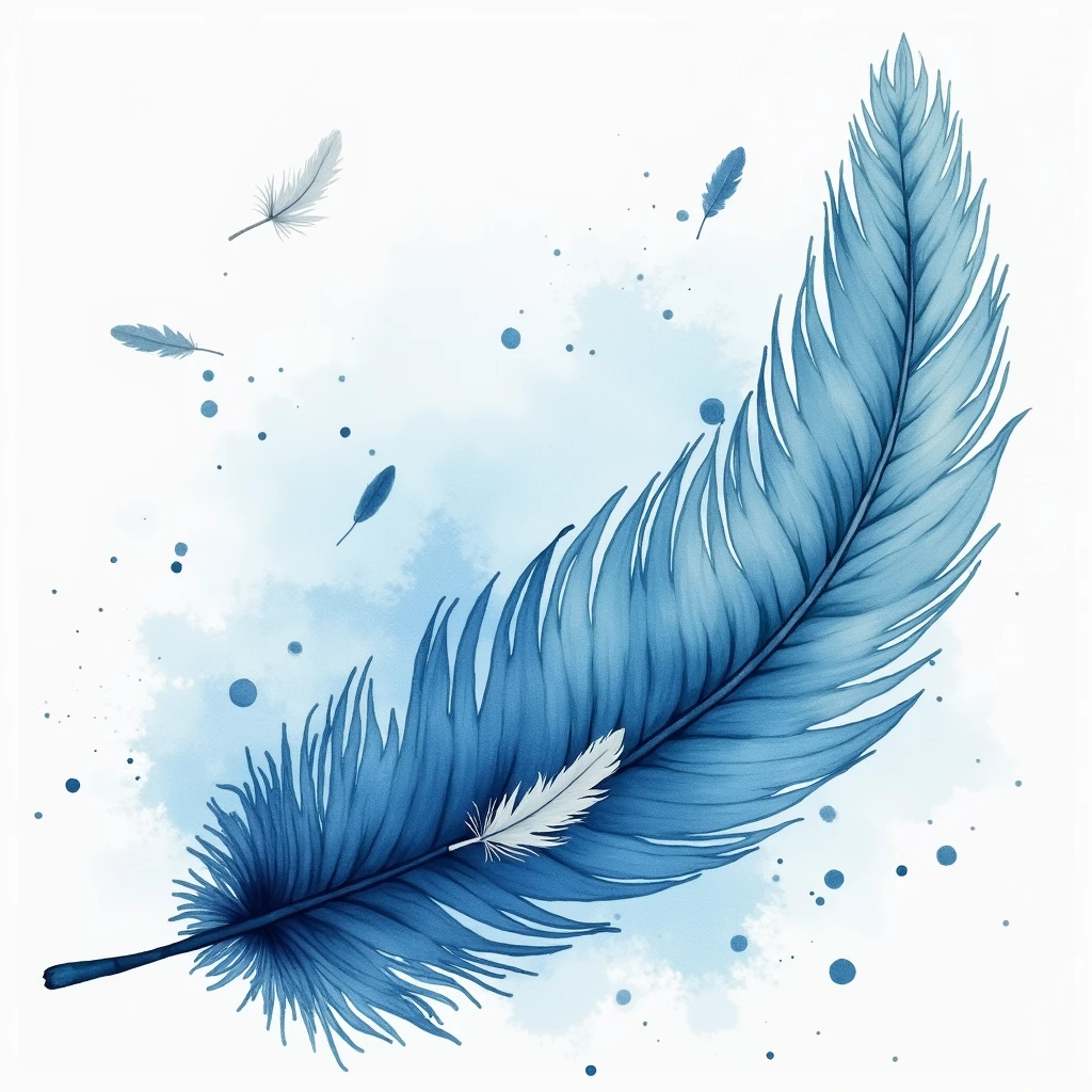 different shades of blue watercolour alcohol ink splash in the back ground with soft monochrome feathers falling