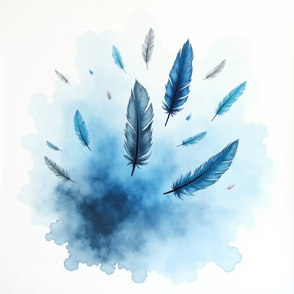 different shades of blue watercolour alcohol ink splash in the back ground with soft  monochrome feathers falling 