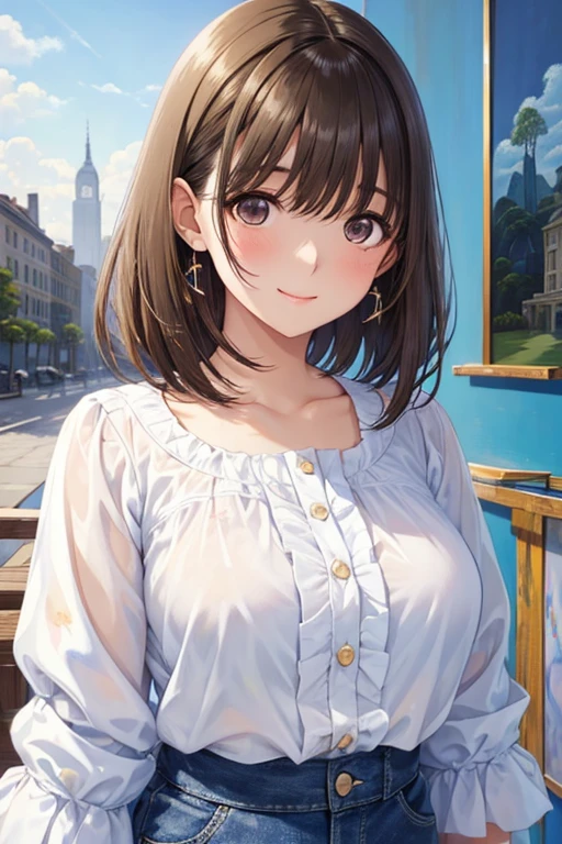 anegasaki nene、Shiny brown hair, short hair, (Beautiful brown eyes、Sparkling eyes, Fine grain)、smile、Ultra-detailed eyes、Highly detailed face, Highly detailed eyes,Cowboy Shot,
young woman、smile、cool hairstyles、blush、masterpiece、High resolution、16K、White blouse without sleeves、Denim long skirt、Explore the city、(Painting of the upper body:1.5)