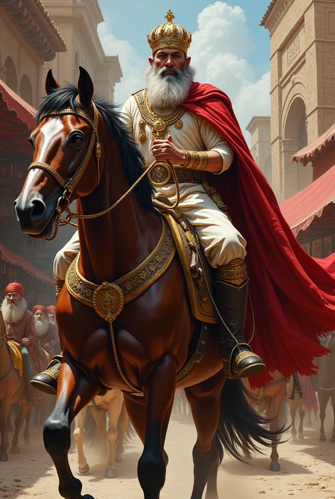 A Persian king with his crown with a short gray beard riding on a horse next to the horse an officer of the king of Persia with a white beard in the background the market piece with spices