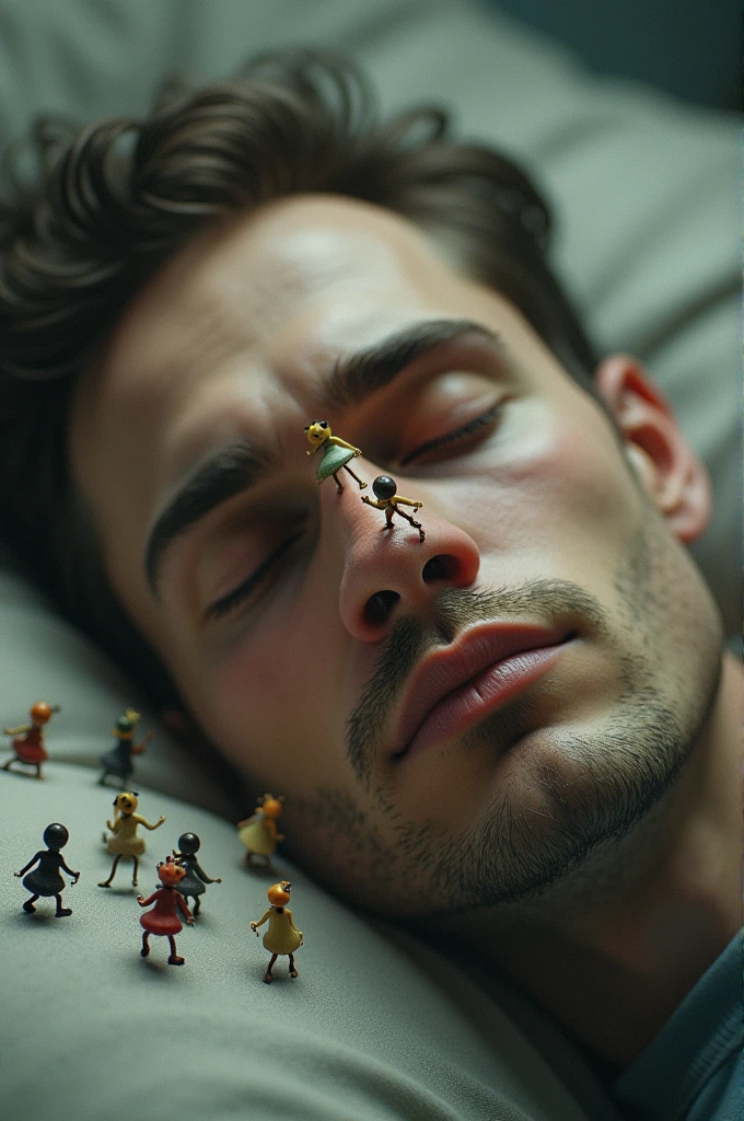 a man sleeping and tiny micro sized people going into his nose